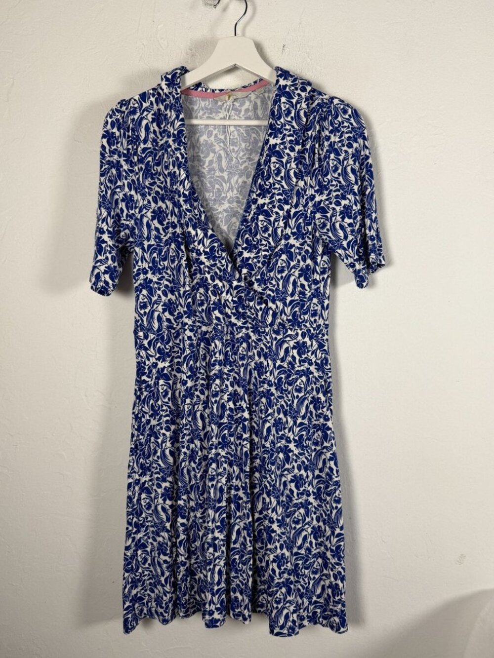 Boden Womens Size 8R Blue White Floral Faux Wrap Knit Mini A-Line Dress NWOT